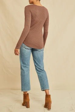 Itana Long Sleeve Scallop Knit Tee - Azure Umber Stripe -Swish Drape Sales 0110 Itana Scallop Umber Azure 1233 web bb6b9282 88d3 43d2 b4a7 2cf74f0fac25