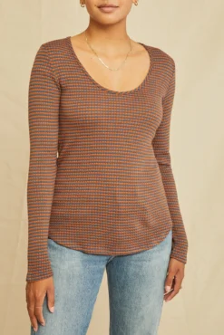 Itana Long Sleeve Scallop Knit Tee - Azure Umber Stripe