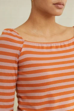 Amela 3/4 Sleeve Reverie Knit Tee - Quartz And Umber -Swish Drape Sales 0590AmelaParisStripeQuartzUmber 1620 web 6065b181 c6d0 48fe 8061 d35138dee613