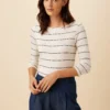 Francoise 3/4 Sleeve Dream Knit Tee - White Havana Stripe