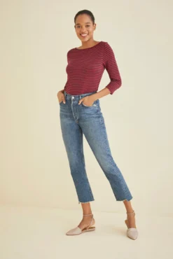 Francoise 3/4 Sleeve Dream Knit Tee - Barn Red Navy -Swish Drape Sales 1005 3Q Slv Francoise Barn Red Navy 1589 web