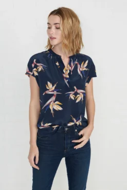 Renata Washable Silk Blouse - Navy Bird Of Paradise Print
